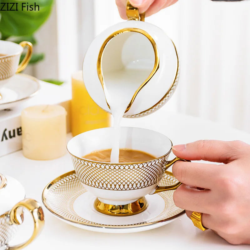 طقم شاي سيراميك ذهبي من DecorBites™ لطاولة الطعام، كوب قهوة، إبريق شاي، شاي بعد الظهر وحاوية مشروبات