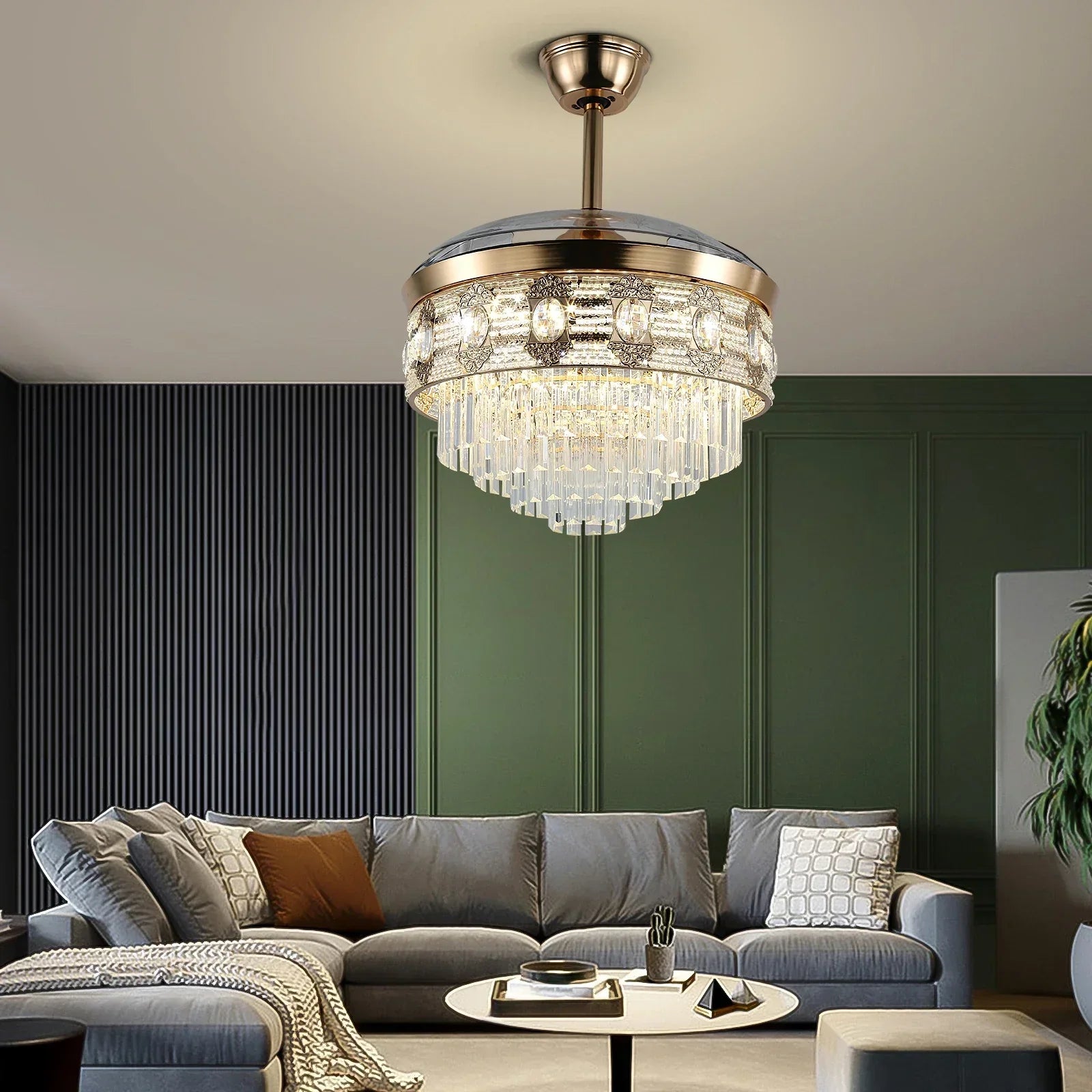 DecorBites™ Gold Smart Ceiling Fan Chandelier with LED Lights, 6 Speeds, 3 Heads