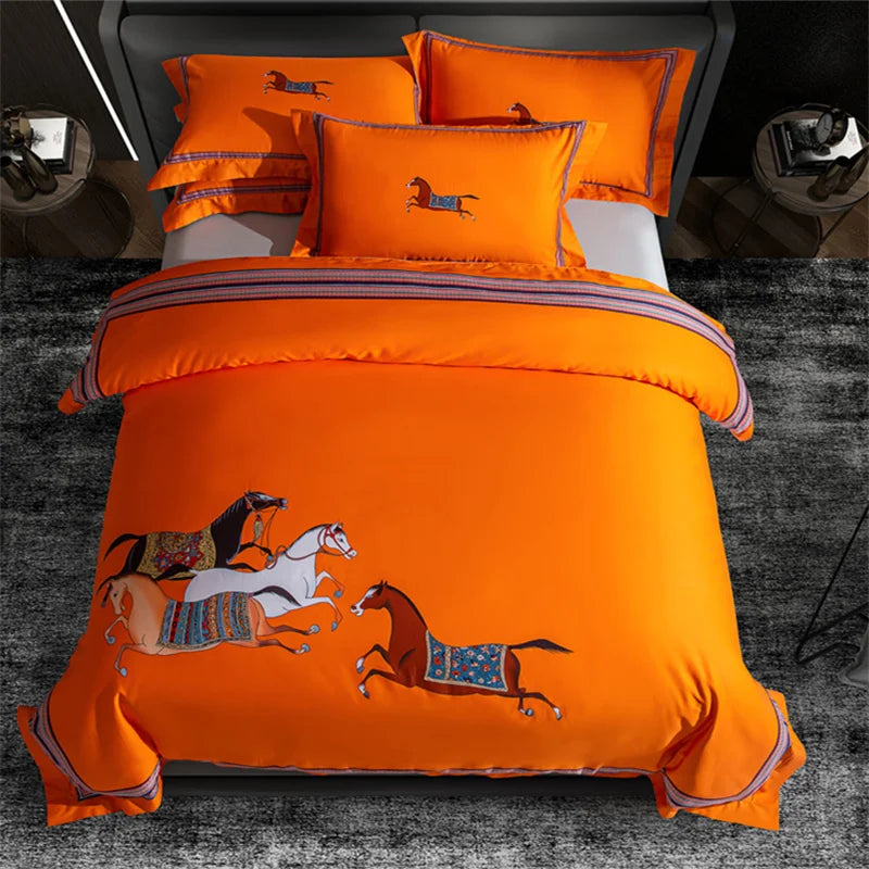DecorBites™ Galloping Horse 1000TC Egyptian Cotton Bedding Set: Duvet, Sheet, Pillowcases - Soft & Comfy