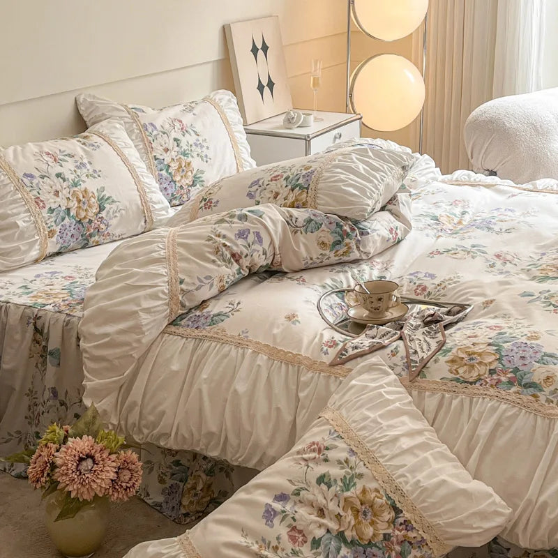 DecorBites™ French Pastoral Princess Lace Bedding Set with Ruffles, 100% Cotton, Queen King