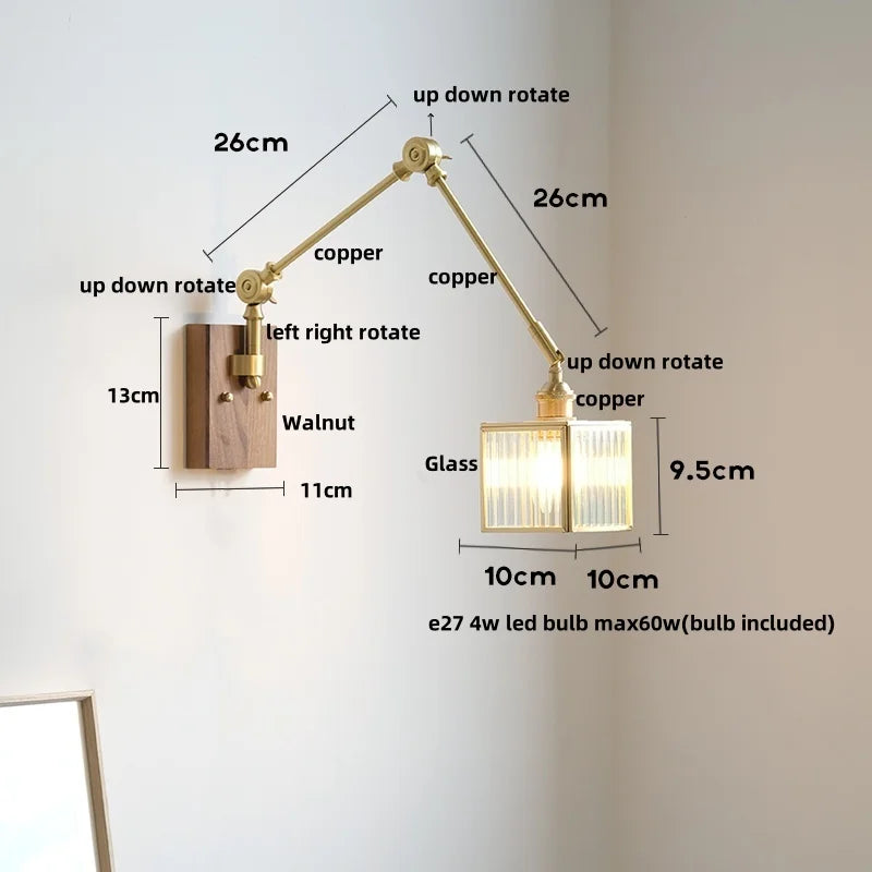 DecorBites™ Cube Glass LED Wall Sconce Walnut Wood Rotatable Mirror Light