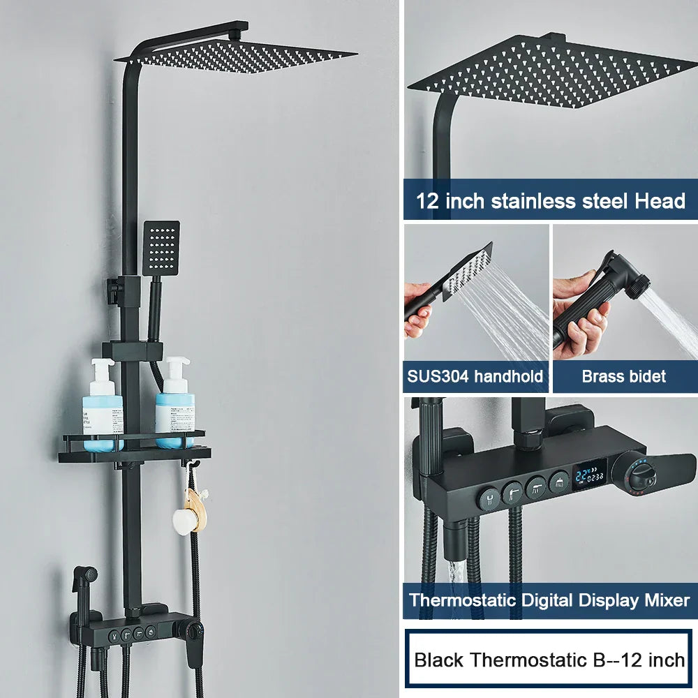 DecorBites™ Black 4-Way Digital Shower System with Rainfall Head and Bidet