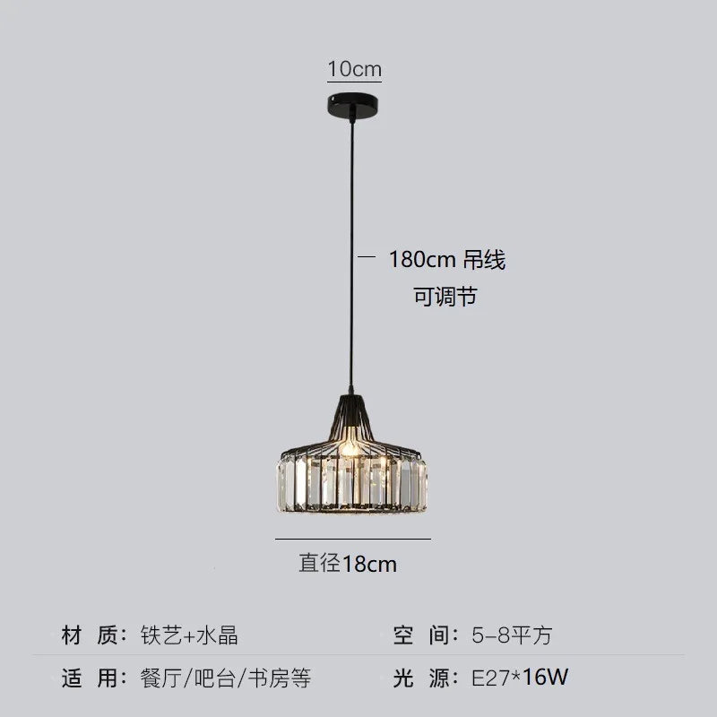 Nordic Crystal Round Pendant Light in Black Iron