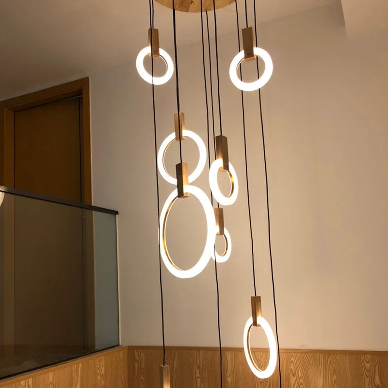 DecorBites™ LED Wood Stair Chandelier: Modern Nordic Living Room Ceiling Pendant Lights
