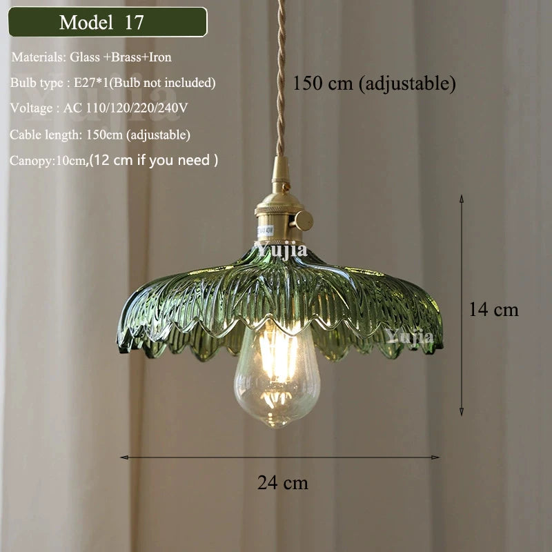 Vintage Green Glass Pendant Light With Brass Finish