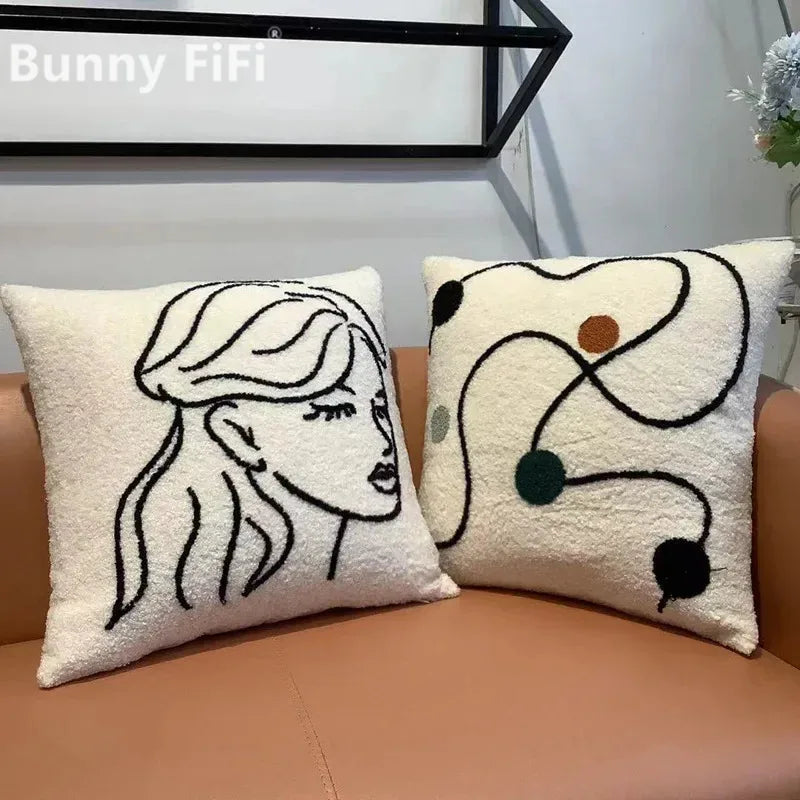 DecorBites™ غطاء وسادة من صوف الحمل مقاس 45x45، بيج أبيض، غطاء وسادة بتصميم فن تجريدي