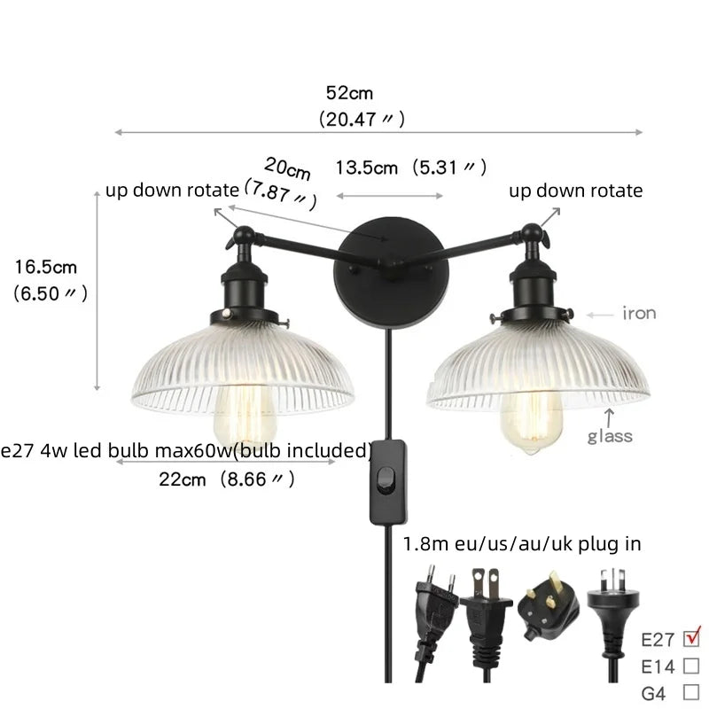 DecorBites™ Industrial LED Wall Light Fixture with Glass Pull Chain Switch - 2 Heads