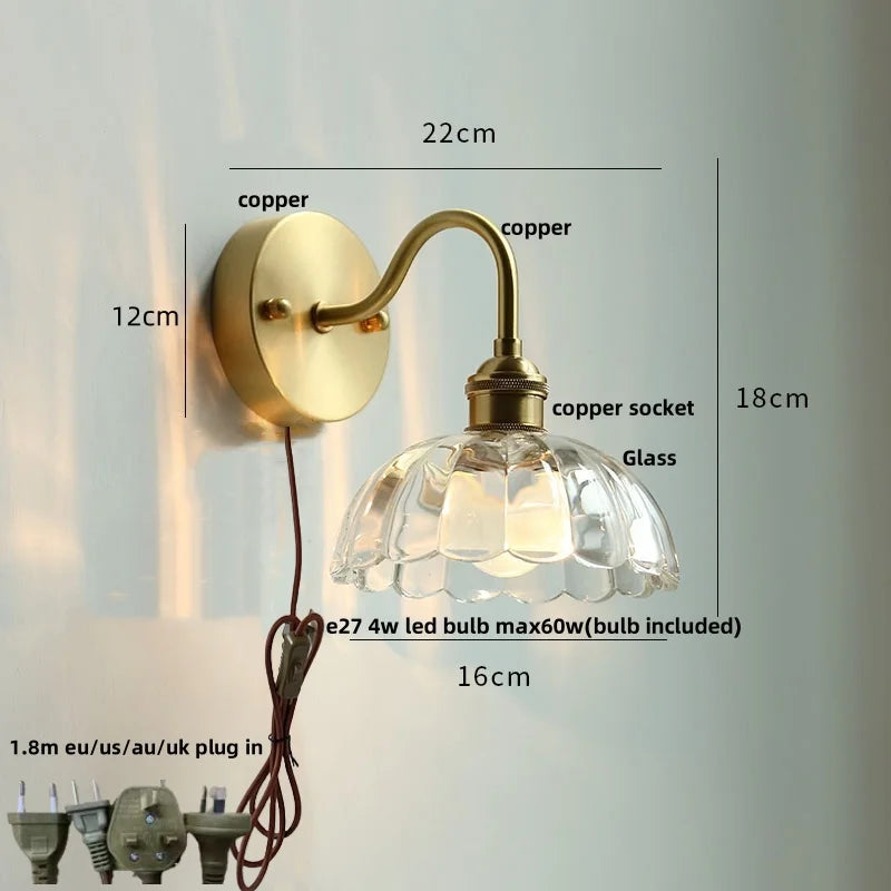 DecorBites™ Clear Glass LED Wall Sconce Pull Chain Switch Modern Copper Bedside Lamp
