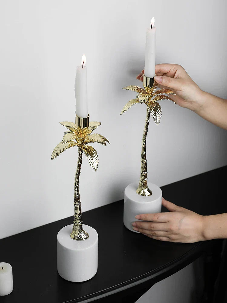 DecorBites™ Golden Metal Candlestick with Volakos White Marble Base for Luxury Home Decor