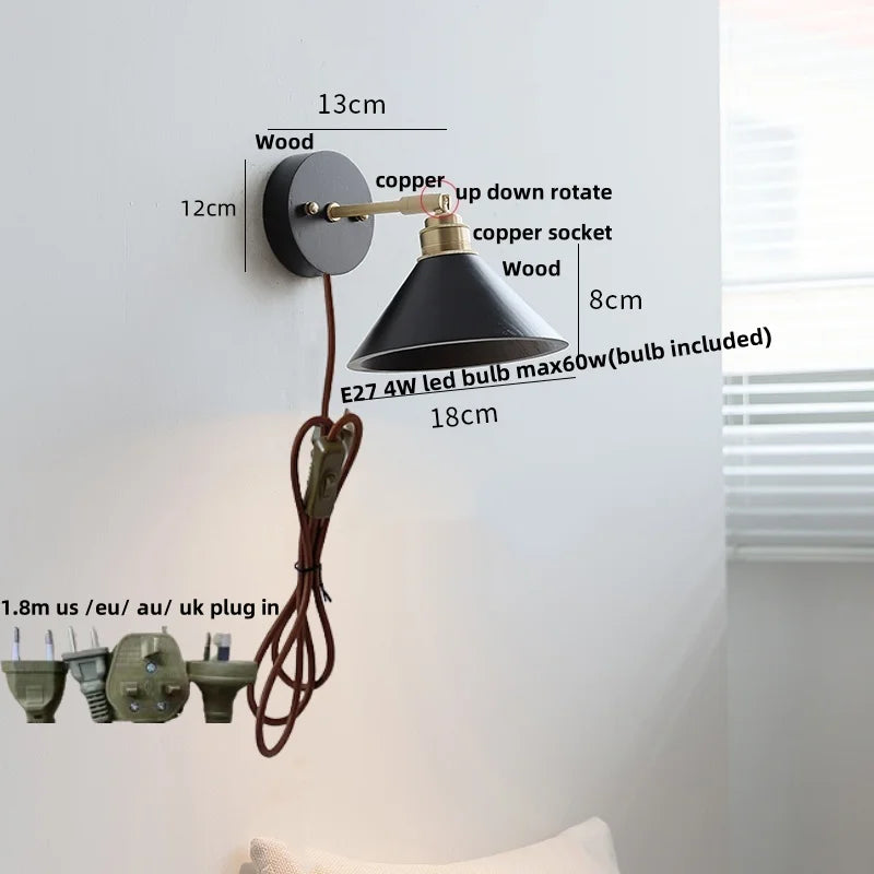 DecorBites™ Black Wood LED Wall Light with Pull Chain Switch, Rotating Japanese Style Bedside Lamp