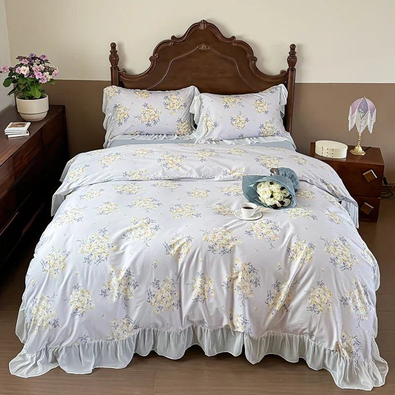 DecorBites™ French Flowers Lace Ruffles Princess Bedding Set with Bed Sheet Pillowcases