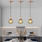Vintage Black Wood and Iron Cage Pendant Light