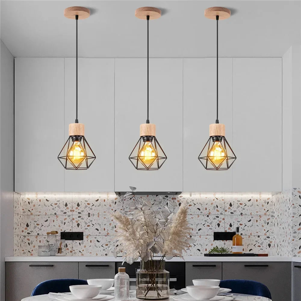 Vintage Black Wood and Iron Cage Pendant Light