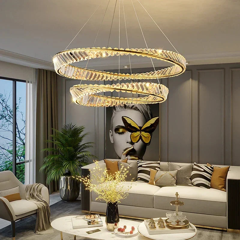 ثريا قلادة كريستال ذهبية بتقنية LED من DecorBites™ لإنارة غرف المعيشة والطعام الفاخرة والديكور