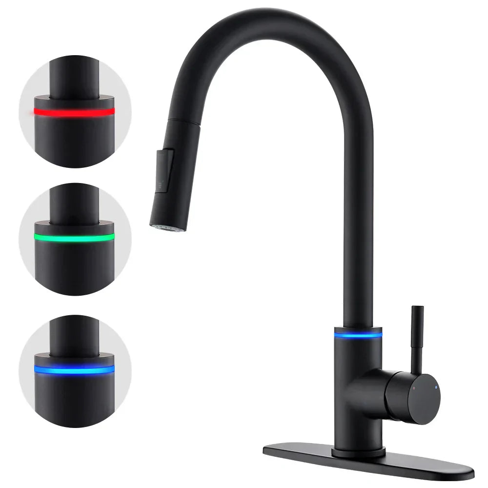 DecorBites™ Black Brass LED Kitchen Faucet, Single Handle Hot&Cold Water Mix Tap