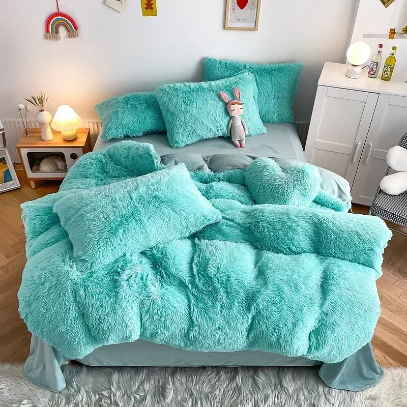 DecorBites™ Fluffy Faux Fur Bedding Set: Duvet Cover, Sheet, Pillowcase - Soft & Warm