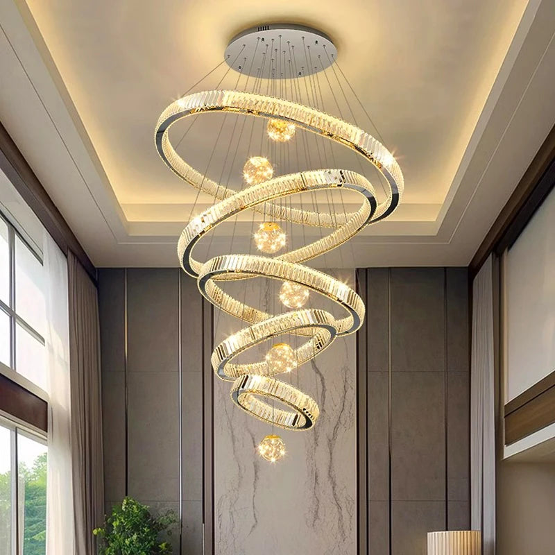 Modern Crystal Ring Staircase Chandelier Pendant Light
