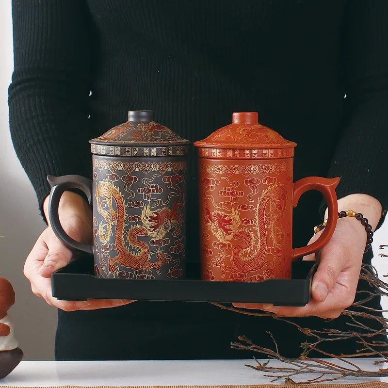 DecorBites™ Dragon Purple Clay Tea Mug with Lid Strainer, Handmade Yixing Teacup