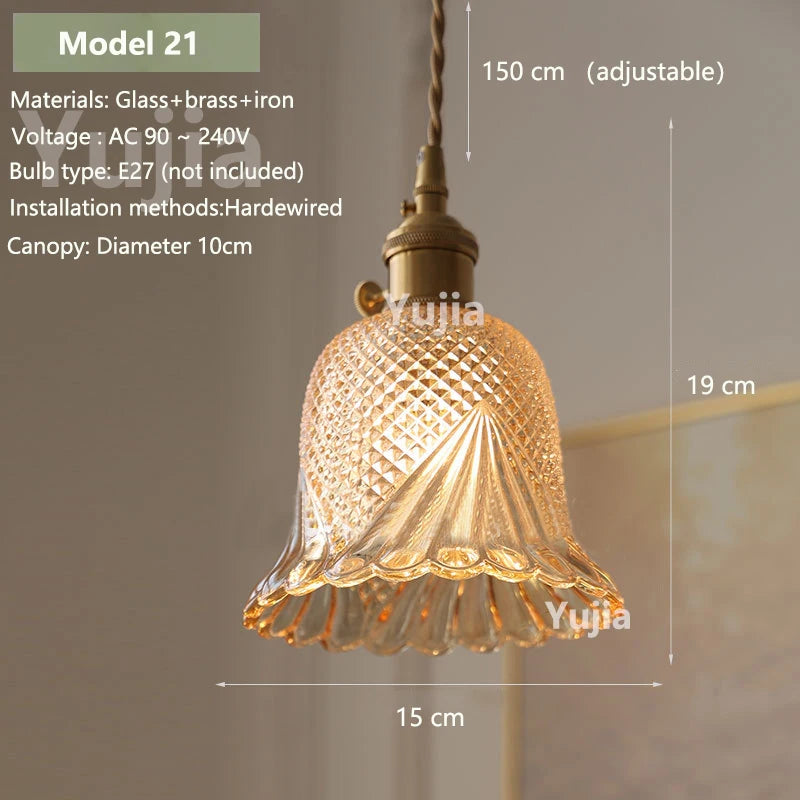 Vintage Amber Glass Pendant Light With Brass Detail