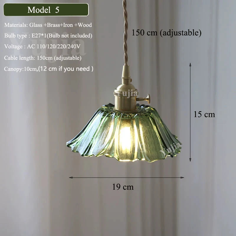 Vintage Green Glass Pendant Light With Brass Finish