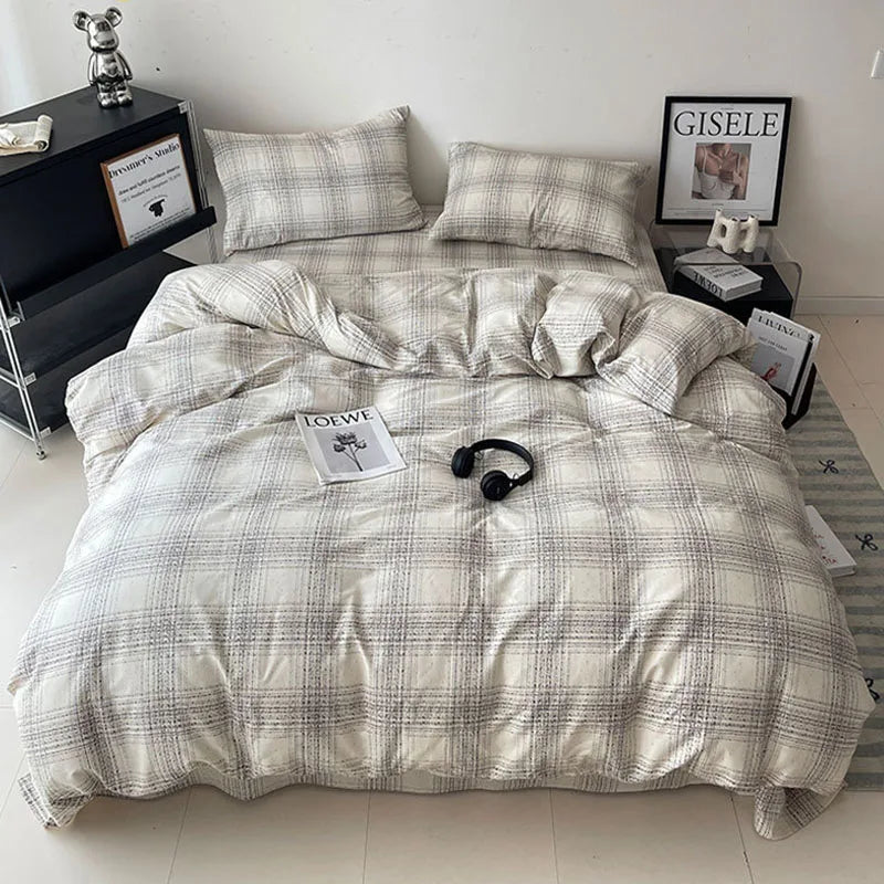 DecorBites™ Cotton Grid Bedding Set - Soft & Stylish Bed Sheet, Quilt Cover Kit