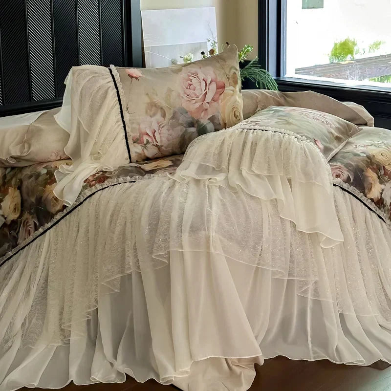 DecorBites™ Double Lace Ruffles Egyptian Cotton Thickened Bedding Set - Duvet Covers, Sheet, Pillowcases