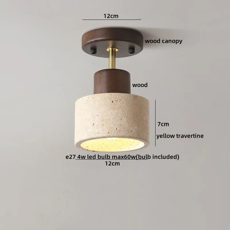 مصباح سقف LED على الطراز الياباني من DecorBites™ بقاعدة خشبية وحجر الترافرتين الأصفر لغرفة النوم.