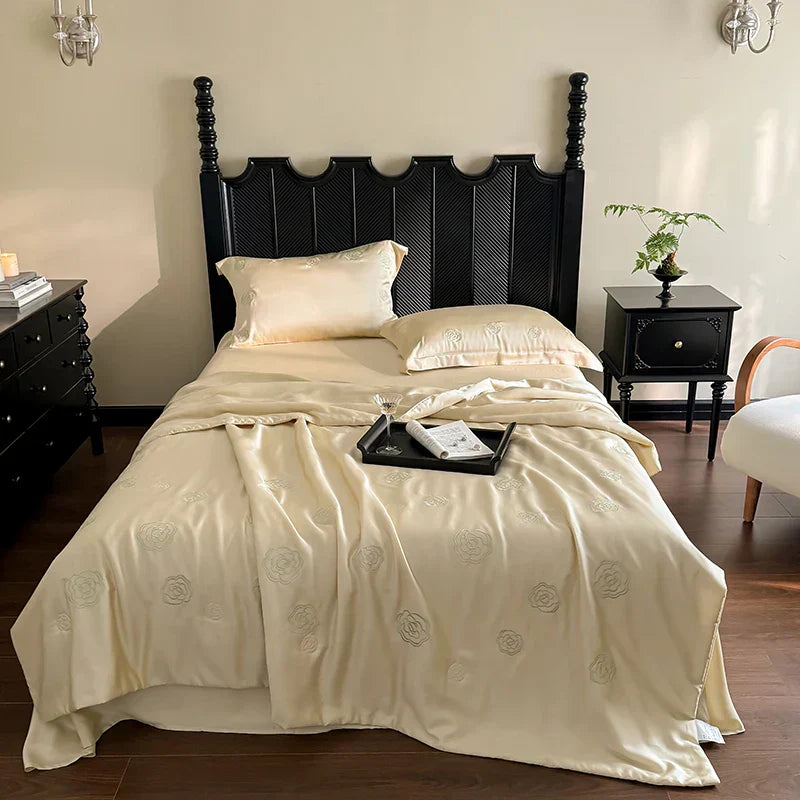 DecorBites™ Eucalyptus Fiber Flower Embroidery Quilt Set with Bed Sheet & Pillowcase