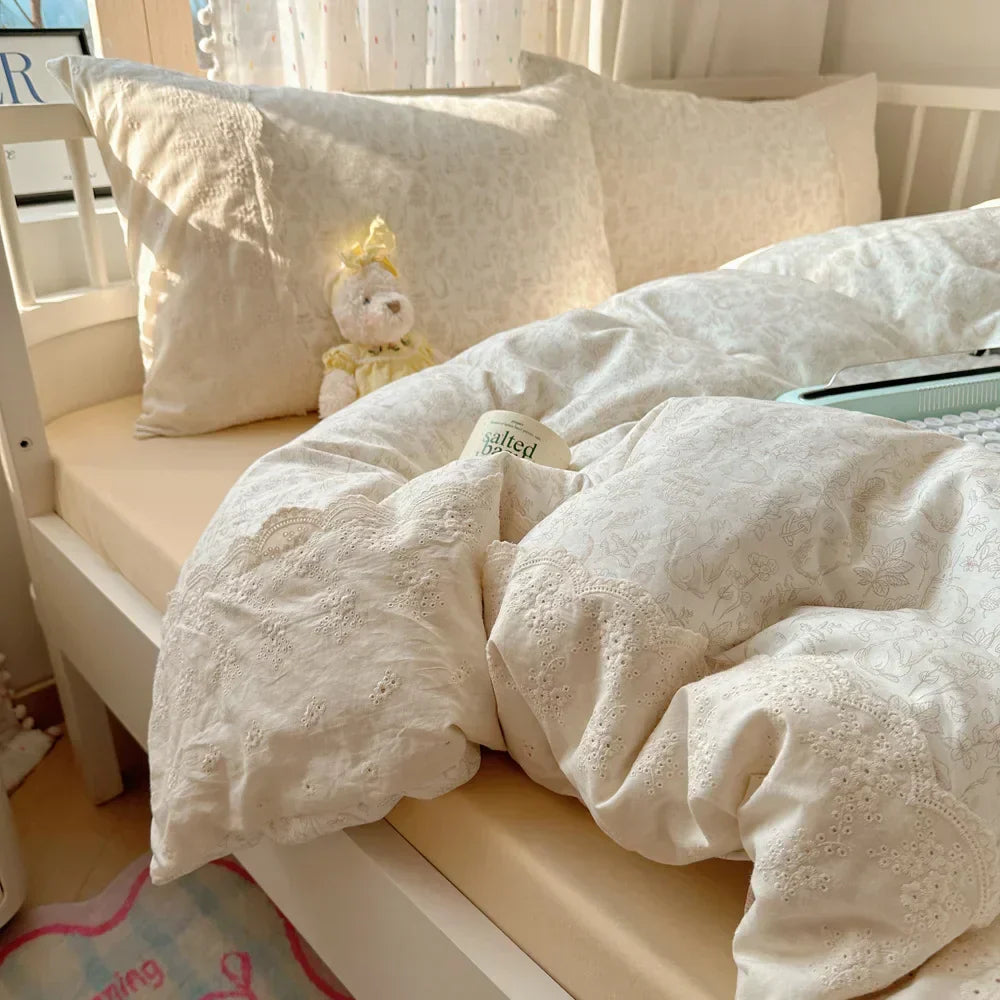 DecorBites™ French Lace Washed Cotton Bedding Sets for King Queen Beds