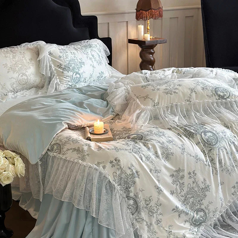 DecorBites™ French Lace Ruffles Princess Bedding Set - Velvety Warm Quilt Cover, Bed Skirt, Bedspread, Pillowcases