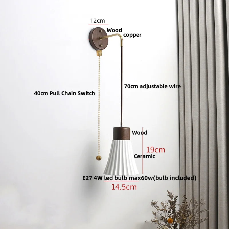 DecorBites™ Ceramic Wood Wall Sconce LED Light with Pull Chain Switch - Modern Nordic Style