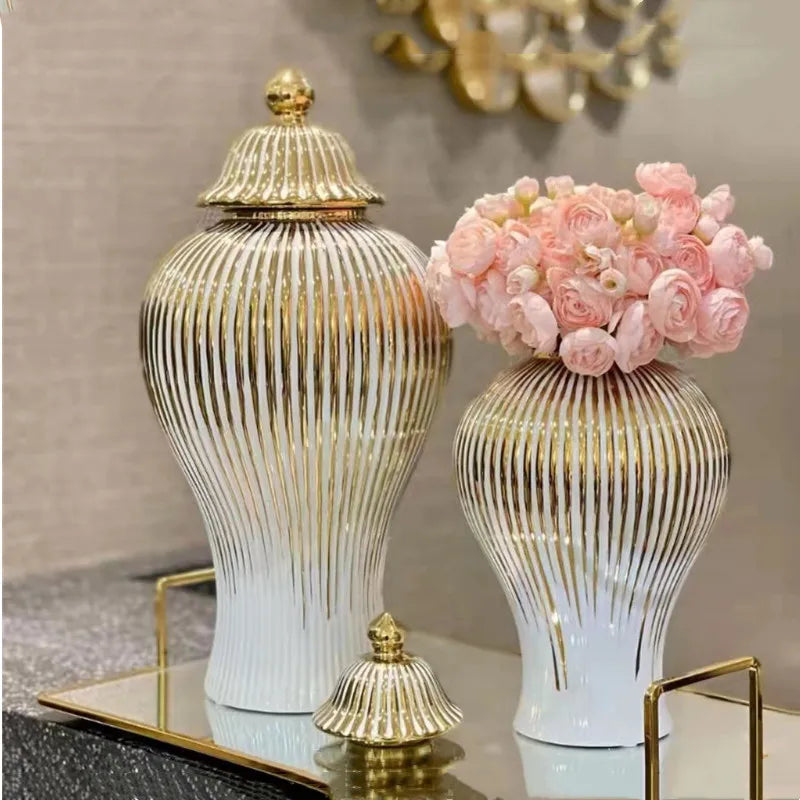 DecorBites™ Gold Striped Ceramic Jar Vase Hand-made Porcelain Home Decor Storage