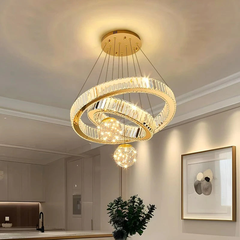 Modern Crystal Multi-Ring Pendant Light in Brushed Steel