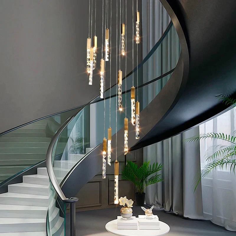 ثريا كريستال ذهبية على شكل درَج من DecorBites™ إضاءة LED متدلية فاخرة إضاءة داخلية فاخرة