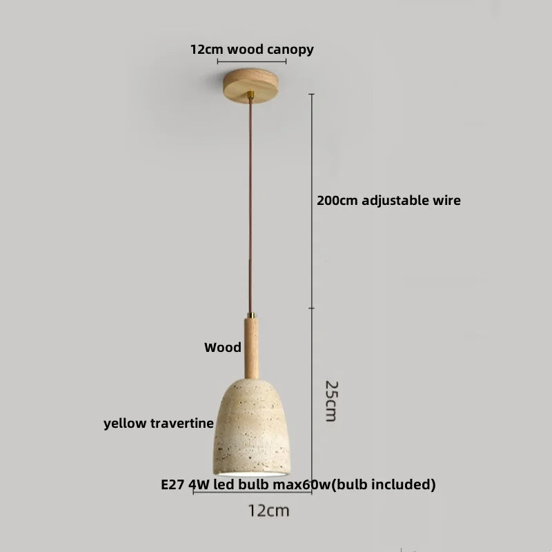DecorBites™ LED Wood Canopy Pendant Lights Yellow Travertine Stone Hanging Lamp