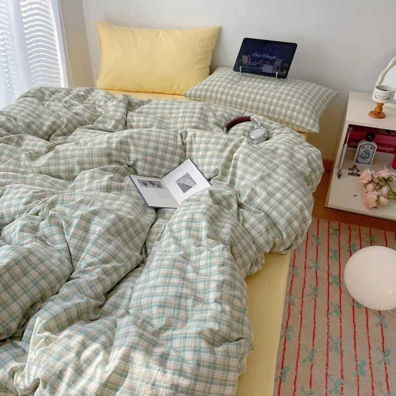 DecorBites™ Cozy Cotton Grid Bedding Sets for Student Dorms - Queen/King Bedclothes