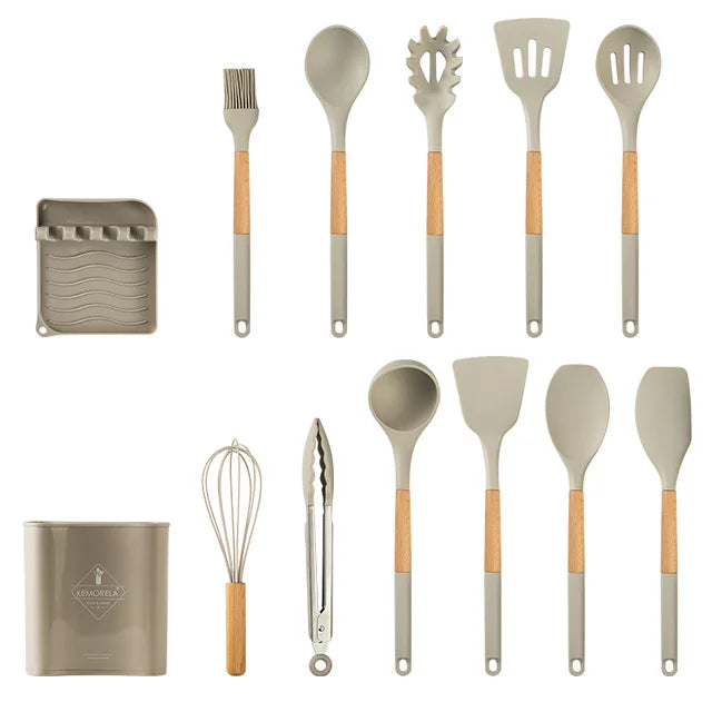 DecorBites™ 10/13 PCS Silicone Kitchen Cookware Set - High Temperature Resistant Non-Stick with Wooden Handle