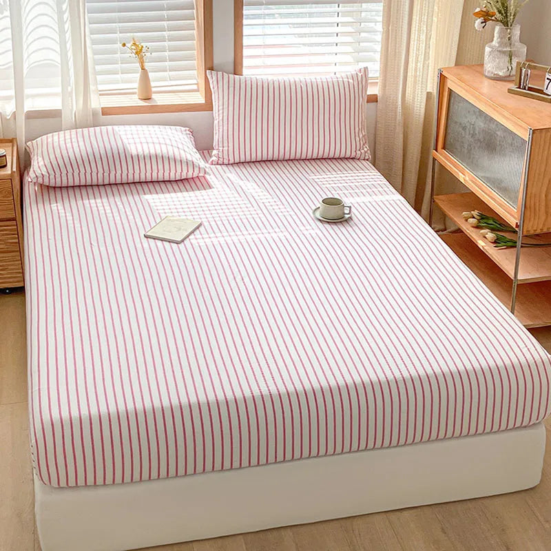 DecorBites™ Cotton Stripe Fitted Sheet- Single Cozy Mattress Cover with Elastic Band