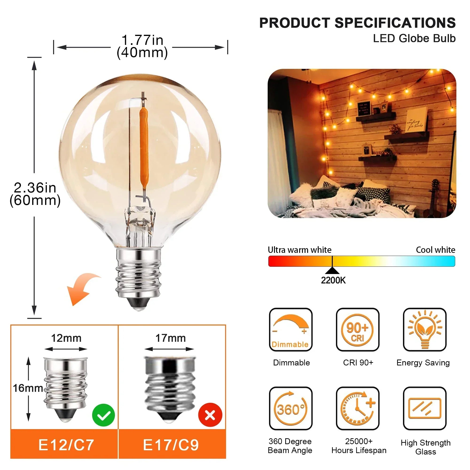 DecorBites™ 25PCS G40 LED String Lights Bulb E12 Screw Warm White 2200K Amber Glass