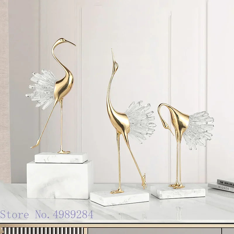 DecorBites™ Crane Golden Bird Agate Marble Crystal Home Decor Craft Statue