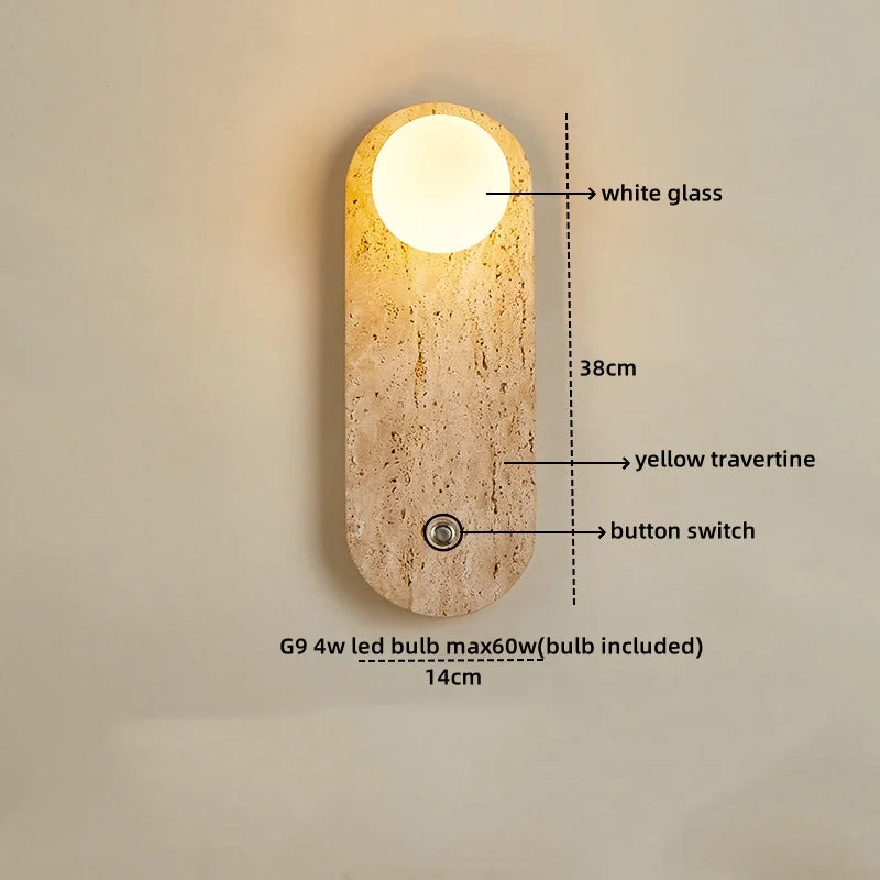 DecorBites™ LED Wall Sconce Yellow Travertine Stone Bedroom Study Cafe Wood Base Stair Light