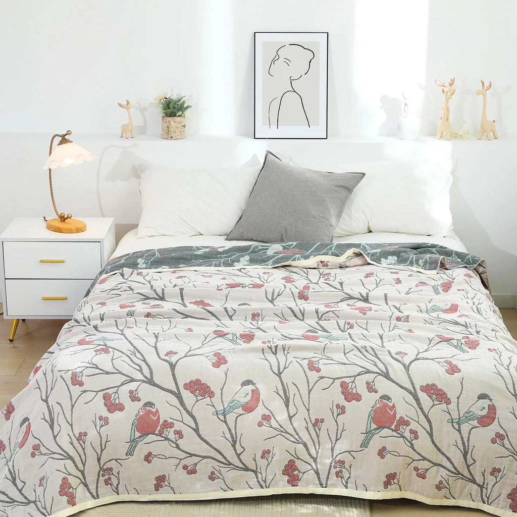 غطاء سرير مفرد ياباني من القطن DecorBites™ مع غطاء وسادة - تصميم طيور وزهور