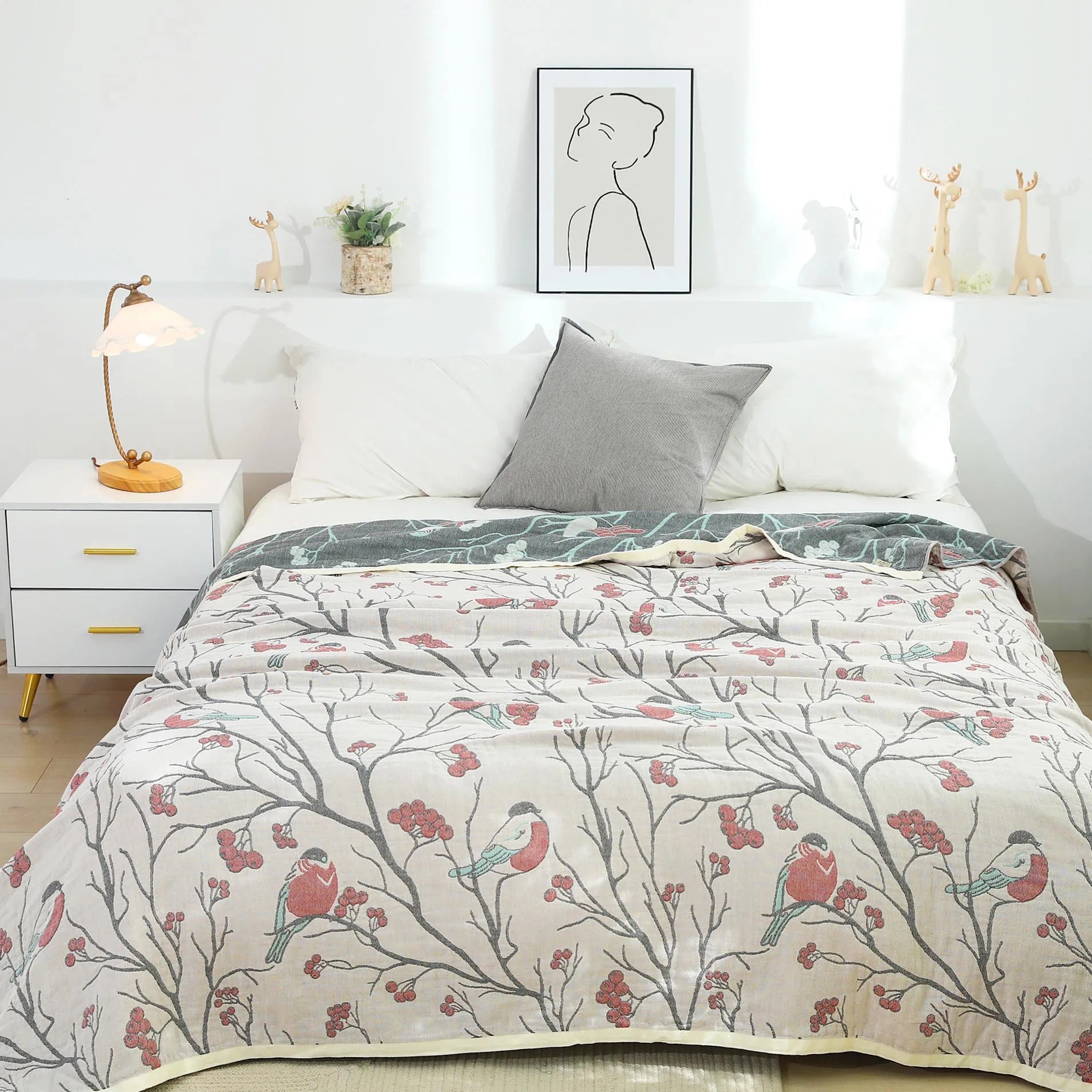 غطاء سرير مفرد ياباني من القطن DecorBites™ مع غطاء وسادة - تصميم طيور وزهور