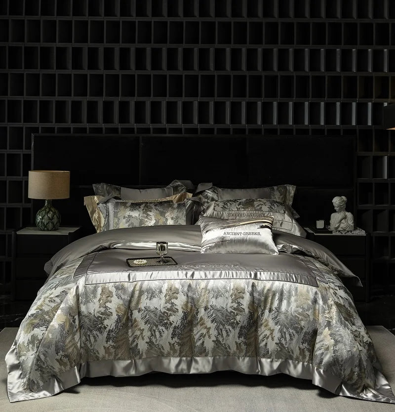 طقم مفرش سرير جاكار وبروكار فاخر من DecorBites™ مع قطن مصري وتطريز