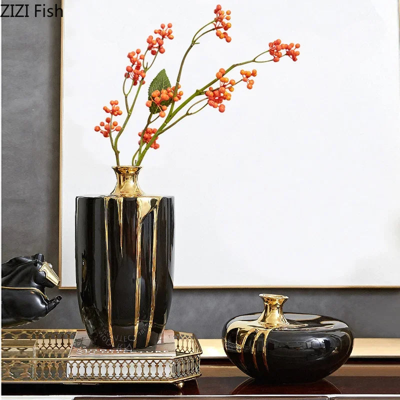 DecorBites™ Elegant Black Gold Ceramic Vase for Modern Luxury Flower Decoration