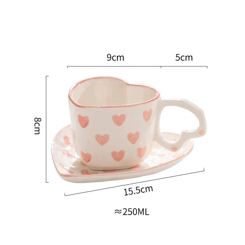 DecorBites™ 250ml Coffee Cup and Saucer Set with Heart Handle Hand-painted Pink Hearts