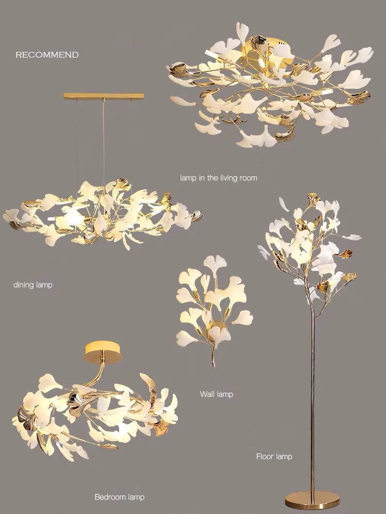 ثريات أغصان ذهبية من DecorBites™ مع إضاءة متدلية بأوراق خزفية - ديكور فاخر لغرفة المعيشة