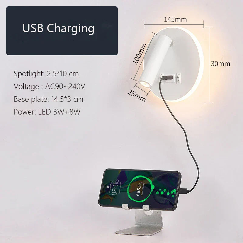 DecorBites™ LED Wall Lamp USB Charging Bedroom Hotel Bedside Reading Sconce Switch