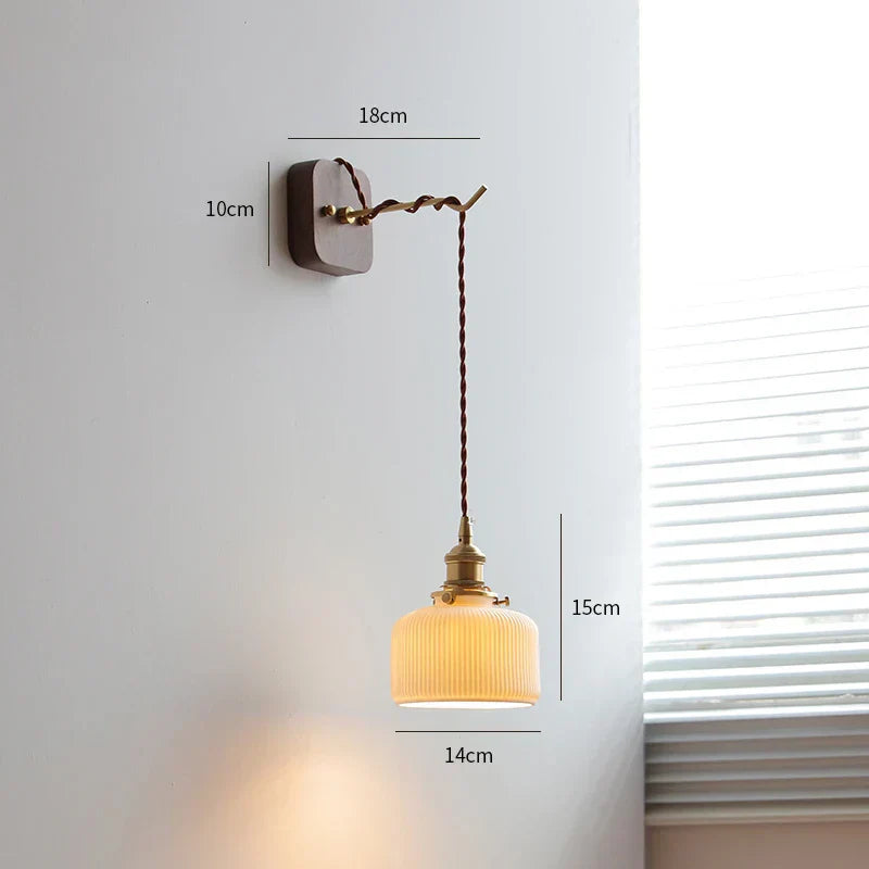 DecorBites™ LED Wall Sconce Modern Japan Style Ceramic Lampshade Wooden Base Light