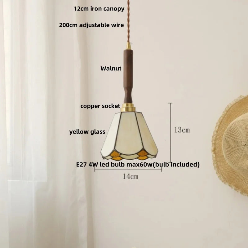 DecorBites™ Amber Glass LED Pendant Light, Nordic Modern Design, Walnut Wood, Dining Living Room Lighting